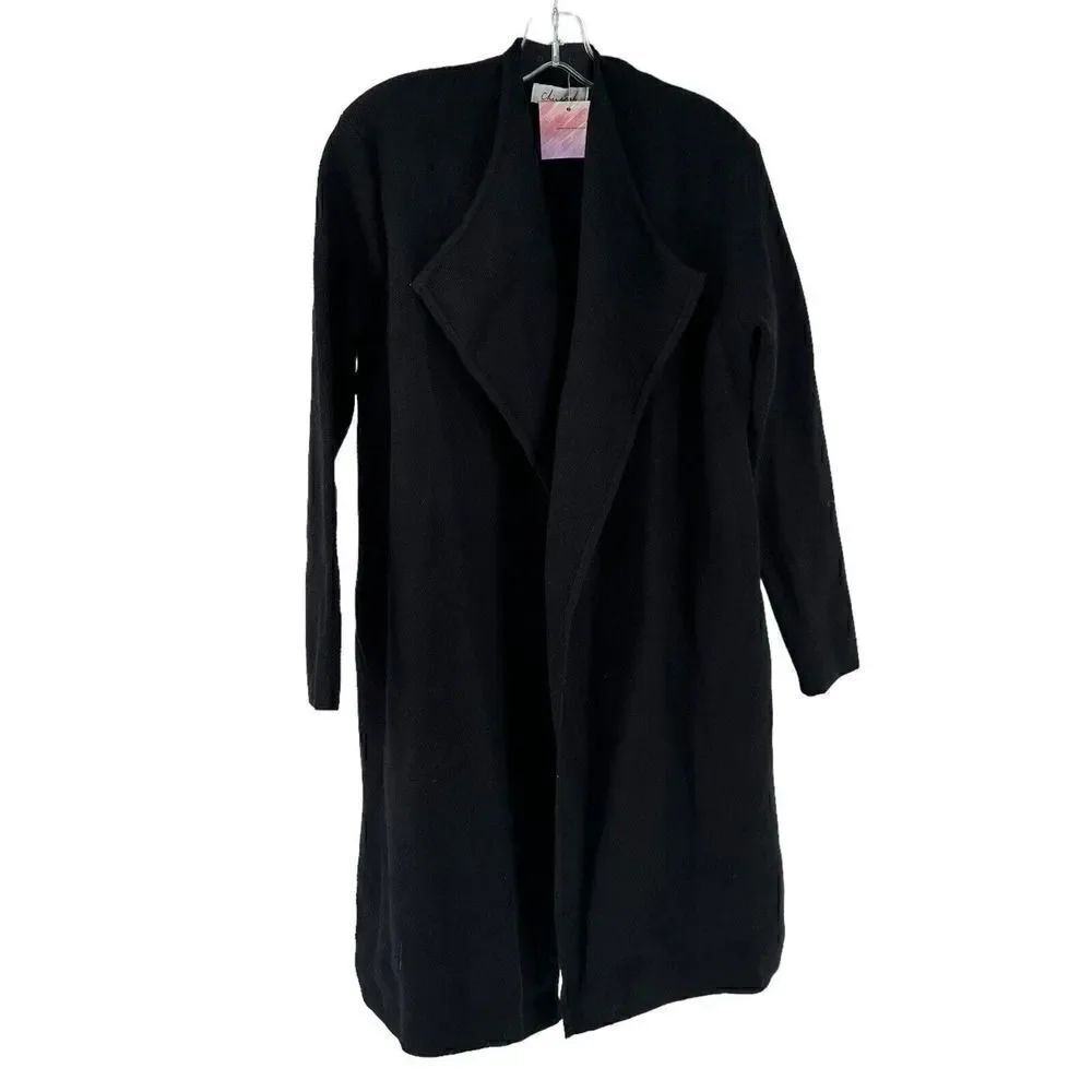 ChicWish Cardigan Sweater Black Wool Blend Long Line Size M-L Draped Open Front
